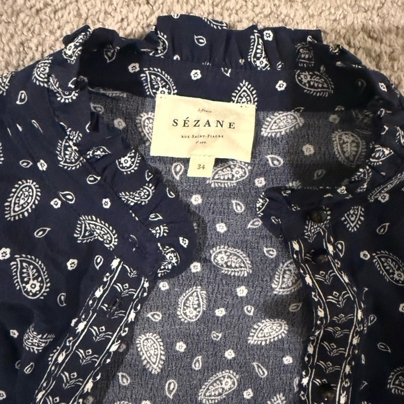 Sezane Capri wrap Elegant Navy Bandana blue Paisley dress - Picture 8 of 9